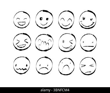 Ensemble de visages emoji dessinés à la main exprimant une gamme d'émotions comme la joie, la tristesse, la colère et l'amour. Éléments de conception pour les applications de messagerie, les médias sociaux (suite Banque D'Images