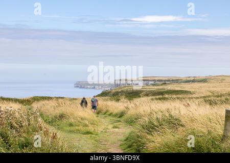 Les marcheurs suivent un sentier côtier herbeux vers les falaises de Bempton sur la côte du Yorkshire, avec vue sur la mer et ciel ouvert par une journée d'été calme. Banque D'Images