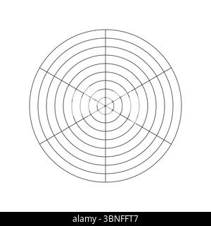 Modèle roue de vie. Grille polaire de 6 segments et 8 cercles concentriques. Outil de coaching simple pour visualiser tous les domaines de la vie. Graphique polaire vierge Illustration de Vecteur