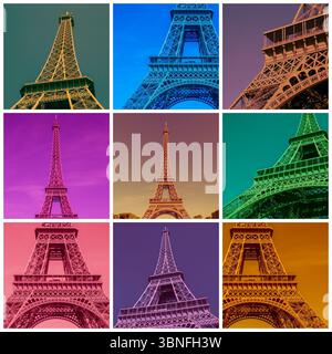Collage fait de neuf photos de la Tour Eiffel à Paris colorées en différentes couleurs Banque D'Images
