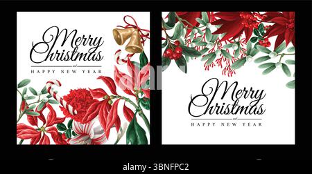 Ensemble de cartes florales de Noël vecteur avec fleurs rouges et bonbons. Illustration de Vecteur