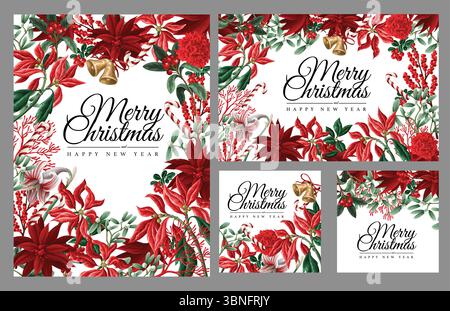 Ensemble de cartes florales de Noël vecteur avec fleurs rouges et bonbons. Illustration de Vecteur