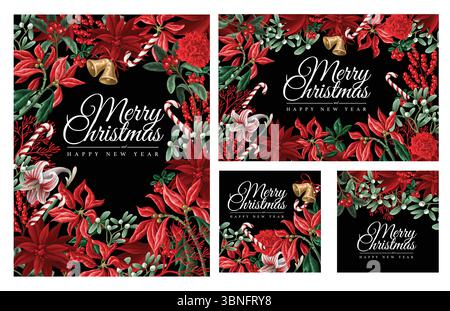 Ensemble de cartes florales de Noël vecteur avec fleurs rouges et bonbons. Illustration de Vecteur