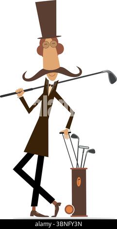 Drôle d'homme moustache longue joue au golf. Terrain de golf. Dessin animé long moustache gentleman dans le chapeau haut de gamme avec club de golf et sac de golf. Isolé sur blanc Illustration de Vecteur