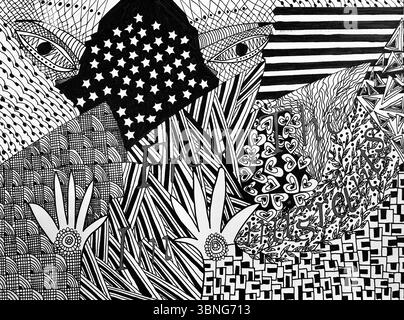 Noir et blanc doodle à l'encre sur papier Libérez les immigrants. Banque D'Images