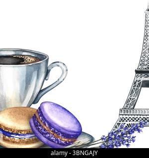 Cadre et image d'une tasse à café, de biscuits aux macarons et aux amandes et de la Tour Eiffel. Illustration d'aquarelle dessinée à la main. Gabarit carré. Cuisine française Banque D'Images