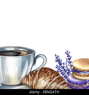 Encadrer avec une photo d'une tasse de café, des biscuits aux amandes et des croissants. Illustration d'aquarelle dessinée à la main. Cuisine française. Pour emballage, cartes postales Banque D'Images