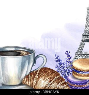 Un cadre avec une photo d'une tasse de café, des biscuits aux amandes, des croissants et la Tour Eiffel. Illustration d'aquarelle dessinée à la main. Cuisine française. Pour Banque D'Images