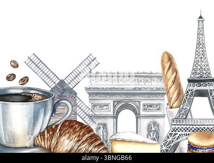 Un cadre avec des images de monuments parisiens et de nourriture. Illustration d'aquarelle dessinée à la main. Baguette, fromage, croissant, biscuit aux amandes et tasse de café Banque D'Images