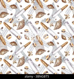 Motif sans couture avec des pâtisseries françaises. Illustration d'aquarelle dessinée à la main. Baguette française, biscuit aux amandes, croissant, Tour Eiffel et mill. Pour Banque D'Images