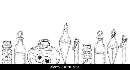 Cadre vectoriel, bordure, bannière avec des bouteilles de potion en verre avec du liège et des yeux, symbole de la mort. Illustration d'halloween d'assistant linéaire peint à la main. Graphique Illustration de Vecteur