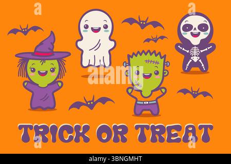 Illustration vectorielle d'enfants en costumes pour Halloween. Illustrations avec des enfants mignons dans des costumes de monstres d'Halloween. Carte vintage. Illustration de Vecteur