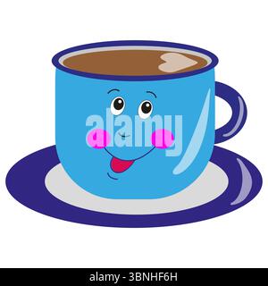 Tasse à café mignonne. Mug bleu souriant. Dessin de visage de dessin animé. Expression heureuse de vecteur. Illustration de Vecteur