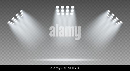 Stade 3D réaliste avec projecteurs LED lumineux et terrain de football éclairé. Conception d'arrière-plan d'événement sportif nocturne avec projecteurs au néon et effets de faisceau spectaculaires sur fond transparent sombre. Illustration de Vecteur