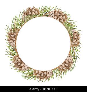 Couronne d'aquarelle ronde faite entièrement de branches de pin et de cônes bruns. Dessin botanique peint à la main sur blanc. Idéal pour les étiquettes de vacances, la papeterie ou Banque D'Images
