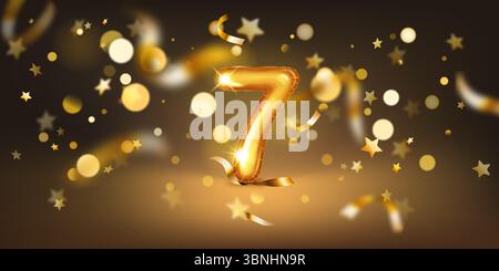 Ballon doré en forme de numéro 7, placé sur un fond sombre rempli de lumières bokeh douces et d'étoiles dorées dispersées et de rubans, créat Illustration de Vecteur