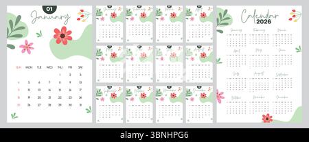 Calendrier 2026 fleurs modèle clipart set. Collection de 2026 calendrier mensuel avec fleurs et feuilles décoration abstraite pour calendrier et planificateur Illustration de Vecteur