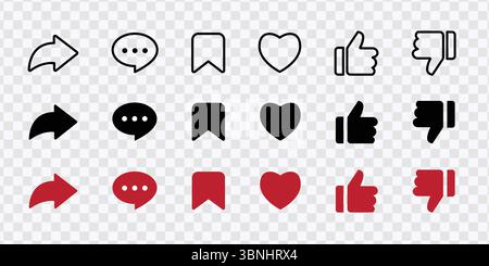 'Jeu d'icônes de médias sociaux - flèches, pouces vers le haut, cœurs et commentaires' Illustration de Vecteur