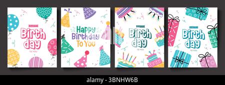 Ensemble coloré de clipart d'invitation d'anniversaire avec ballons, chapeaux de fête, gâteaux, cadeaux et décorations Illustration de Vecteur