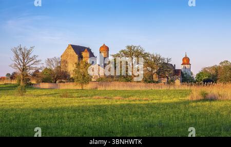 Vue sur la prairie de fleurs sauvages au château de Sommersdorf près de Burgoberbach dans la vallée de l'Altmuehl dans la lumière du soir, moyenne Franconie, Bavière, Allemagne, E. Banque D'Images