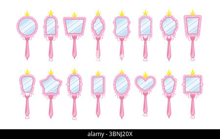 Miroir princesse. Ensemble de petits miroirs avec bordures roses et couronnes dorées. Mignon élément vintage pour la décoration de fête d'anniversaire. Illustration vectorielle dans Illustration de Vecteur