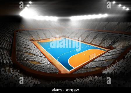 Le terrain de handball bleu-orange brille sous les projecteurs du stade plat, les fans les encouragent Banque D'Images