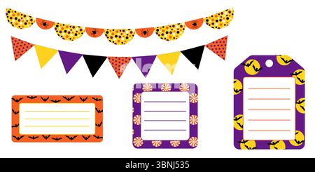 Vector Halloween guirlande et autocollant pack en violet festif noir jaune et orange. Étiquettes rondes carrées et rectangulaires pour l'emballage scrapbooking Illustration de Vecteur