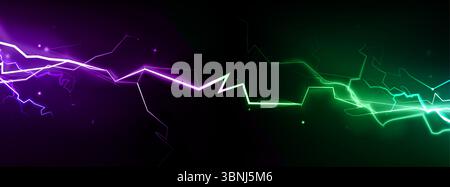 Le néon contre le tonnerre s'affronte avec un boulon électrique violet qui rencontre un coup de foudre vert. Collision énergétique incandescente avec des étincelles brillantes dispersées sur le noir bg pour la compétition de jeu, effet de confrontation futuriste Illustration de Vecteur