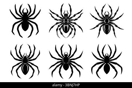 silhouettes d'araignée stylisées ; noir et blanc ; graphiques vectoriels ; arachnide ; insecte; effrayant ; Halloween ; dessin de tatouage ; gothique ; sombre; menaçant Illustration de Vecteur