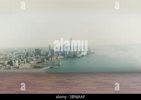 L'illustration de conception plate montre le plancher de bois donnant sur la skyline de la rivière avec des gratte-ciel et des bateaux Banque D'Images