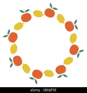 Cadre rond décoré d'oranges et de citrons avec des feuilles vertes. Illustration vectorielle pour carte de voeux, modèle d'invitation. Illustration de Vecteur