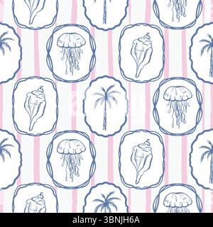 Motif nautique tropical, ambiance de vacances d'été en Italie. Palmiers rétro, sardines, méduses dans les cadres. Papier peint méditerranéen, mignon dessiné à la main Illustration de Vecteur
