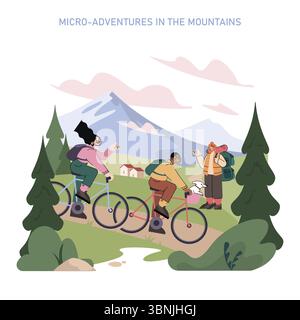 Concept de tourisme de montagne. Les gens font du vélo et de la randonnée avec des sacs à dos et un chien sur des sentiers pittoresques entourés de pins, de collines et de sommets enneigés profitant d'aventures en montagne en plein air. Illustration vectorielle. Illustration de Vecteur