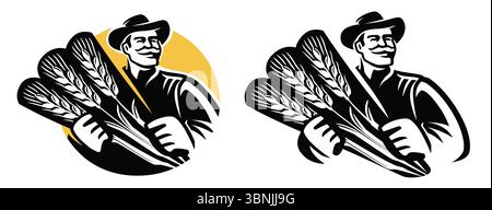 Ouvrier agricole avec gerbe d'emblème de blé. Agriculteur en chapeau récoltant les cultures des champs agricoles Illustration de Vecteur