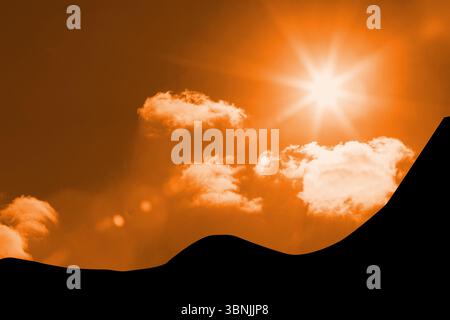 Un soleil éclatant avec un éclat d'étoiles brille sur la silhouette de dune contre le ciel orange dans un design plat Banque D'Images