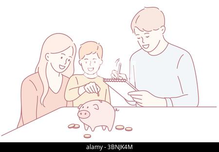 Créer des moments familiaux mémorables en discutant ensemble de la budgétisation, des stratégies d’épargne et de l’éducation financière Illustration de Vecteur