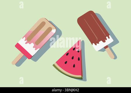 Une scène estivale avec deux popsicles, l’une rose et l’autre blanche enrobée de chocolat, à côté d’une tranche de pastèque juteuse, le tout sur un bac vert clair Banque D'Images