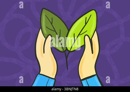 Mains illustrées tenant deux feuilles vertes sur fond violet, symbolisant la vie écologique. Cette œuvre représente la durabilité, la croissance, un Banque D'Images