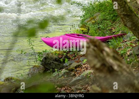 Un kayak rose éclatant repose sur une rive rocheuse, prêt pour une aventure exaltante en eau sauvage. Entouré d'une végétation luxuriante, il est prêt pour le THRI Banque D'Images