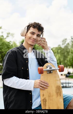 Un jeune homme joyeux écoute de la musique avec des écouteurs tout en tenant sa planche à roulettes dans le parc. Banque D'Images