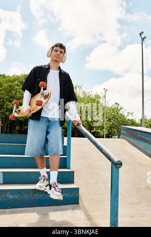 Patineur avec un style décontracté se tient en toute confiance sur les escaliers du parc, tenant son skateboard et souriant. Banque D'Images