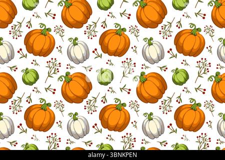 Modèle sans couture avec des feuilles d'automne colorées, des citrouilles dans des couleurs orange et jaune. Ambiance automnale. Illustration vectorielle dessinée à la main sur fond blanc Illustration de Vecteur