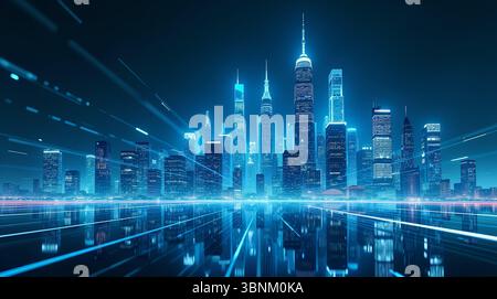 High-Tech Futuristic City la nuit avec Data Light Trails Banque D'Images