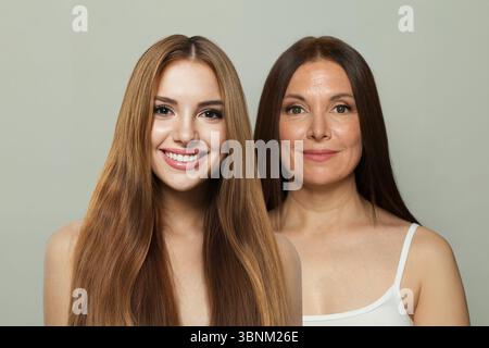 Belle jeune femme modèle et femme mature. Ensemble de collage de deux visages féminins. Vieux et jeune visage Banque D'Images