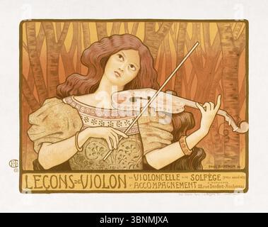 Lithographie couleur produite en 1898 par Paul Berthon pour faire de la publicité sur les leçons de violon. Banque D'Images