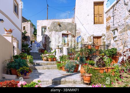 Escalier décoré de pots de fleurs à Chorio sur l'île de Kalymnos (Kalimnos) en Grèce Banque D'Images