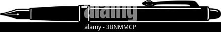 Illustration vectorielle de stylo plume silhouette noire et blanche, outil d'écriture à l'encre vintage avec pointe et clip, dessin de papeterie classique Illustration de Vecteur
