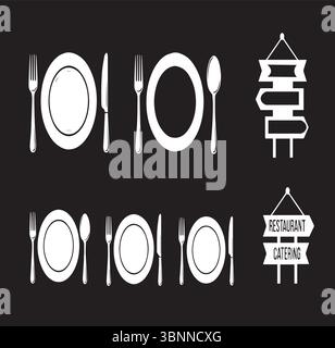 Élégant ensemble icône de restaurant noir et blanc avec couverts, assiettes et panneaux pour les repas, la restauration et la conception de menus Illustration de Vecteur