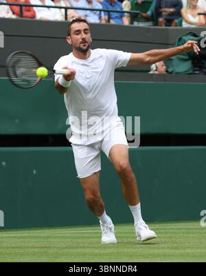 Londres, Royaume-Uni. 03 juillet 2025. Le croate Marin Cilic lors de son match de deuxième tour contre le britannique Jack Draper lors de la quatrième journée des Championnats de Wimbledon 2025 à Londres le jeudi 03 juin 2025. Photo de Hugo Philpott/UPI crédit : UPI/Alamy Live News Banque D'Images