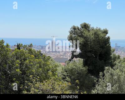 Superbe vue panoramique sur la ville de Barcelone avec la Sagrada Familia en vue par une journée ensoleillée. Banque D'Images